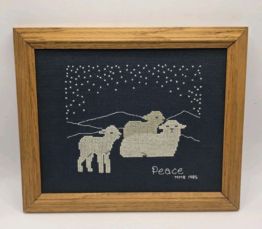 Vintage Christmas Peace Cross Stitch Lamb Sheep Wooden Frame Wall Hanging